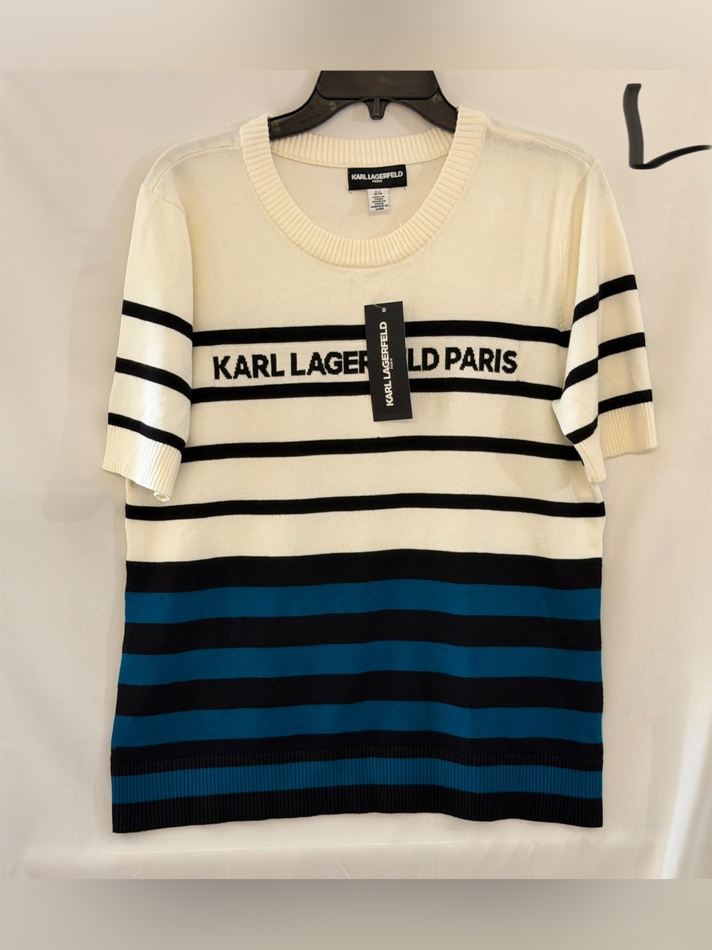 Karl Lagerfeld Cream, Black & Teal Striped Short Sleeve Knit Top